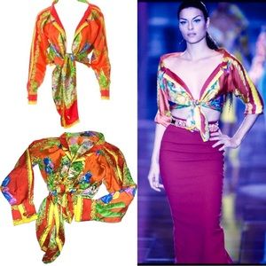 Gianni Versace Vintage SS 1993 Paradise Lost Printed Silk Off Shoulder Blouse